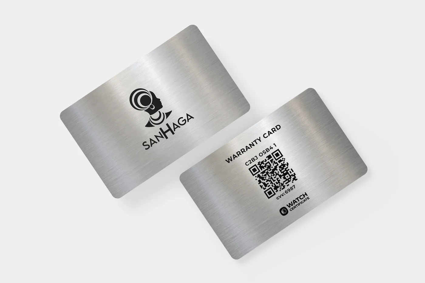 Carte métal Sanhaga Watches, logo au recto, code du passeport et code QR Watch Certificate au verso